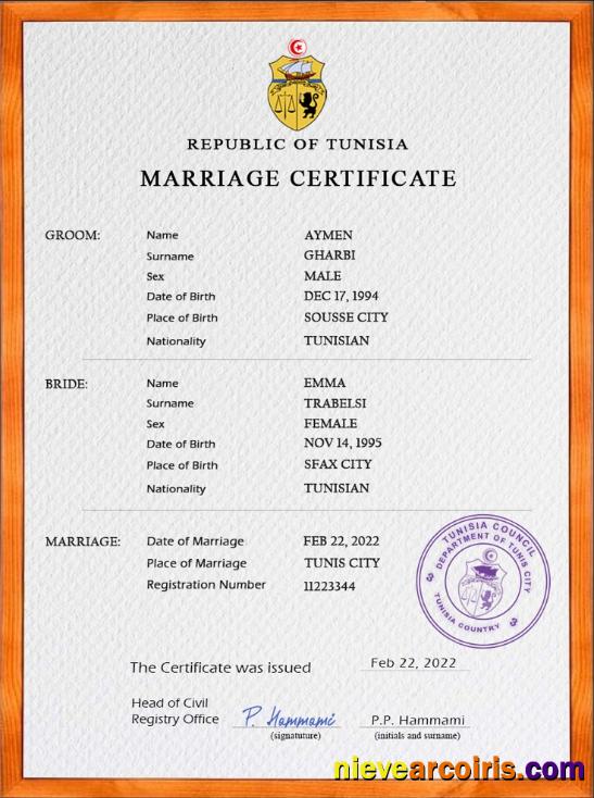 Tunisia marriage certificate